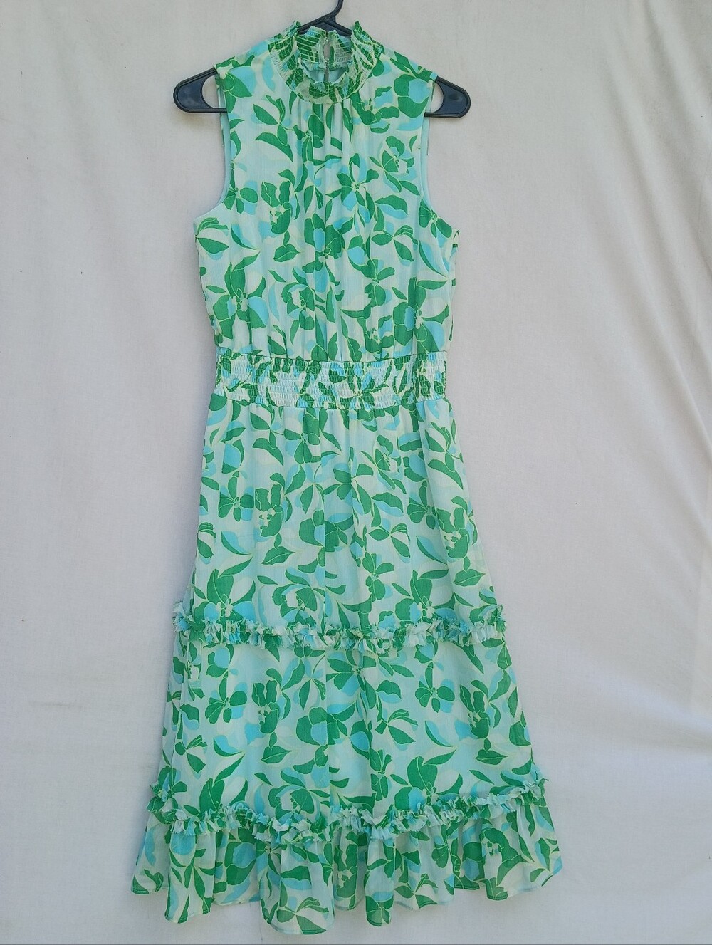 MSK Green Multi Leaf-Print Smocked Waist Mock Neck Tiered Maxi Dress
